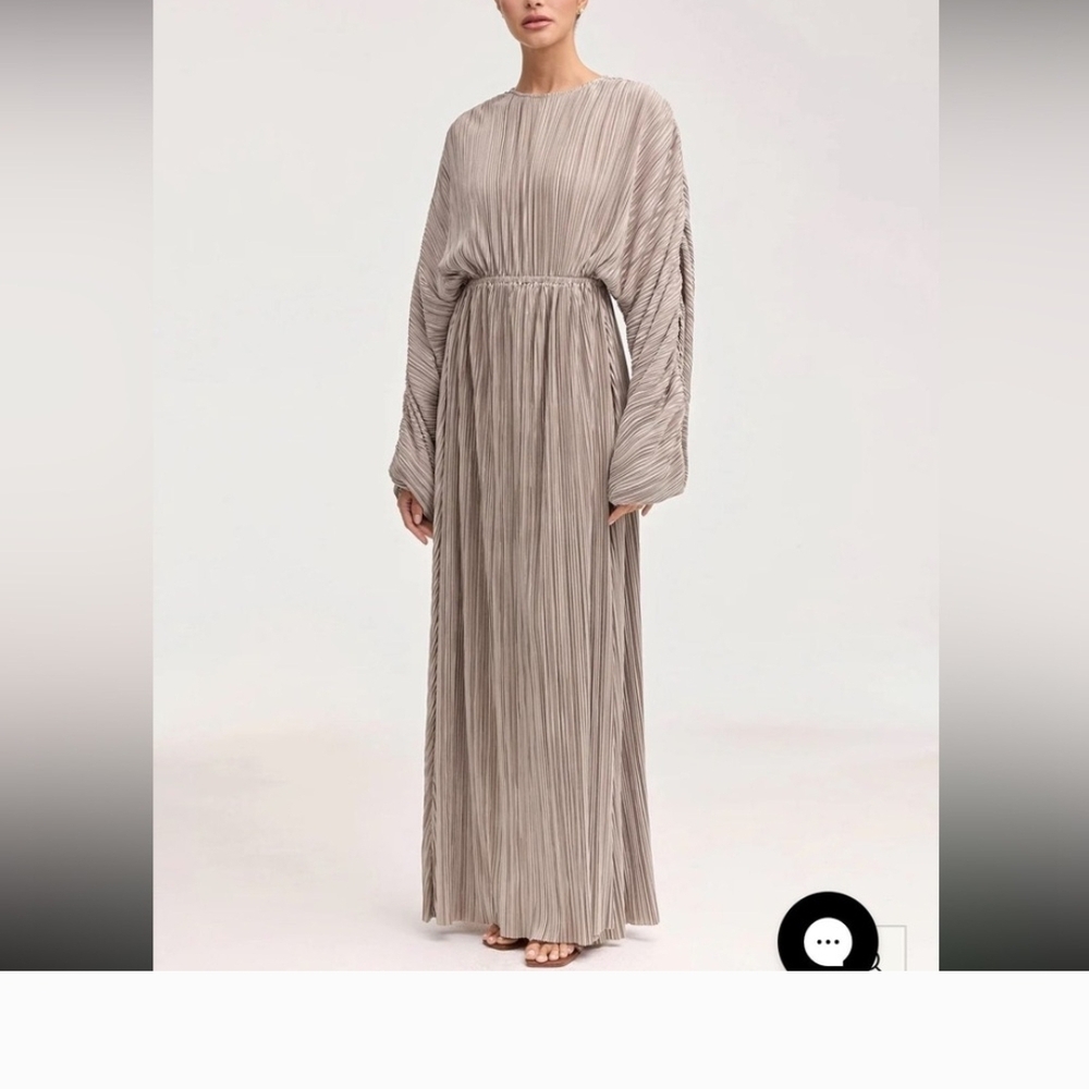 Manal Satin Pleated Batwing Maxi Dress in Taupe